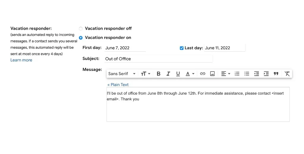 Turn on Gmail Out of Office
