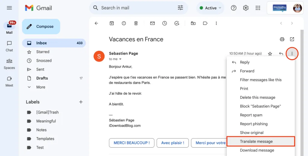 Translate emails in Gmail
