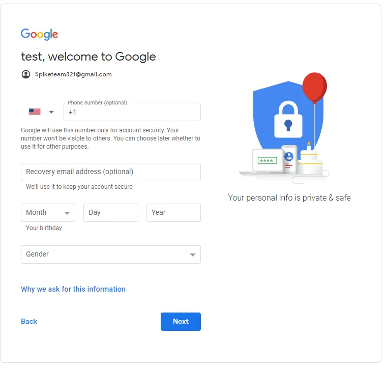 create an email without using a phone number