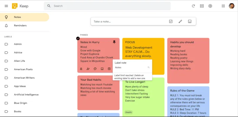 Google Keep online notes taker